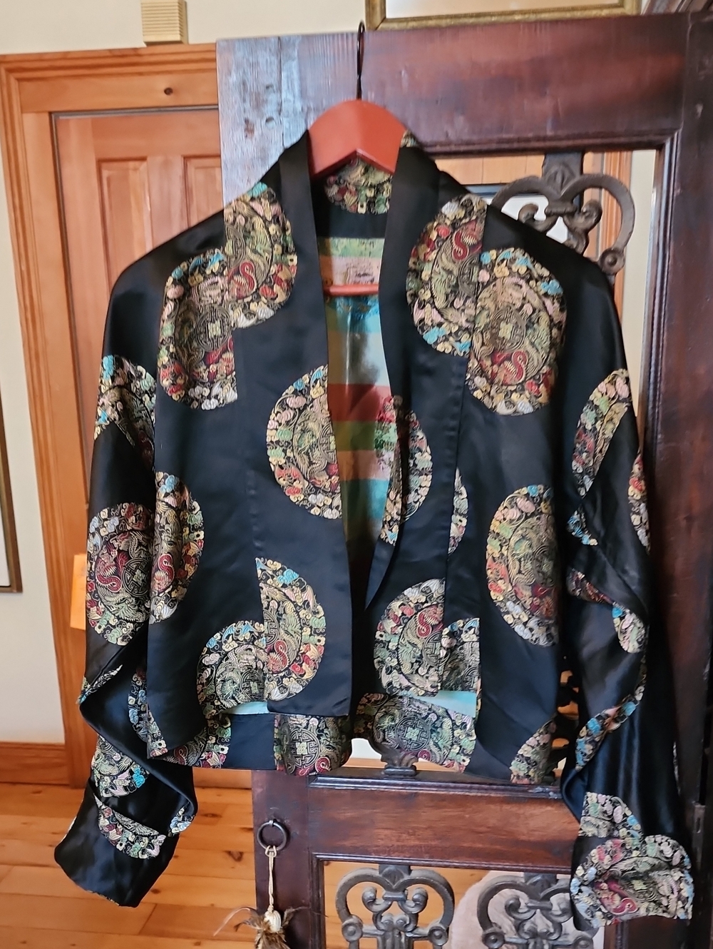 Cropped Black Satin Brocade Statement Bolero with Multi Medallion Details, L-XL